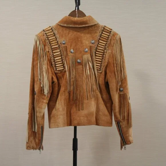 Tribe America Tan Genuine Suede Leather, Fringe along the yoke and sleeves Sz 10 - Picture 2 of 14